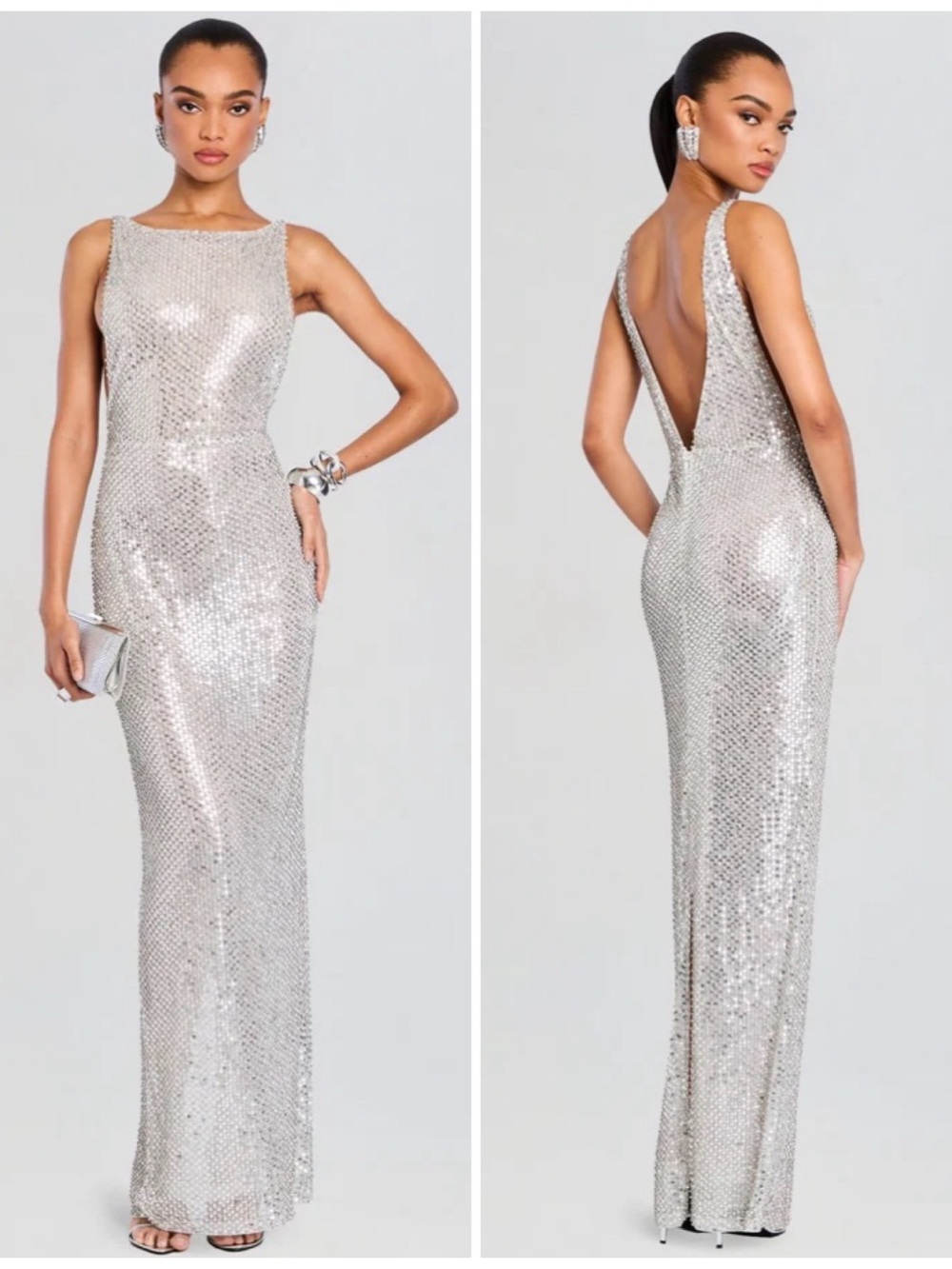 Retrofete ASHA Sequin Column Evening Gown Silver Size Small (S)